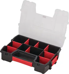 Portable Tool & Hardware Organizer Stackable Storage Box with 10-Compartment Removable Dividers Black Clear Durable Secure for Screws Nails Bolts