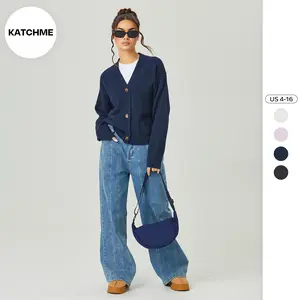 KatchMe Women's Slouchy Solid Color Knit Button-Up Side Pocket Long Sleeve Cardigan, Cozy Elegant Drop Shoulder Sweater Outerwear for Fall & Winter（CN）