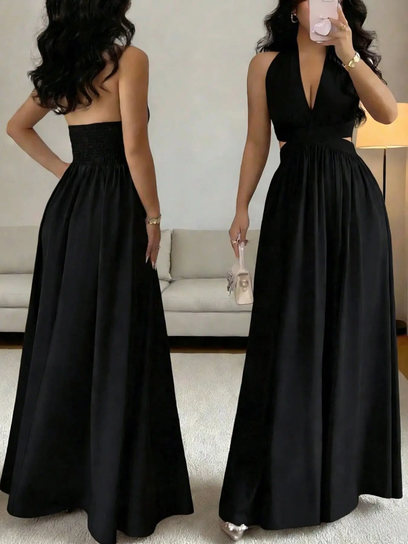 Elegant Sleeveless V-Neck Long Dress for Women, Hollow Out Waist Design, Flowy Pleated Style, Casual Loose-Fitting Print Dress