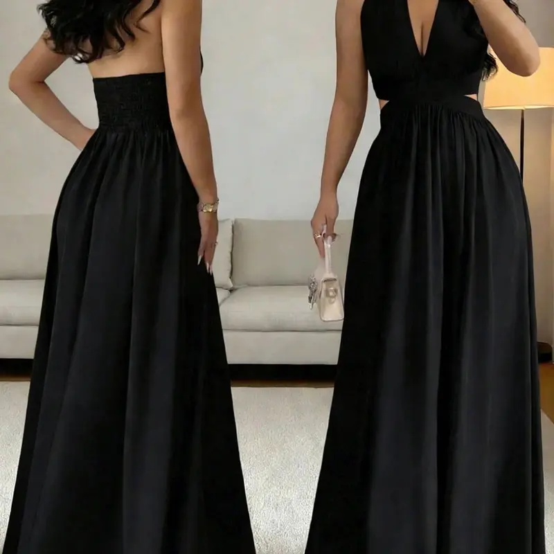 Elegant Sleeveless V-Neck Long Dress for Women, Hollow Out Waist Design, Flowy Pleated Style, Casual Loose-Fitting Print Dress, Bohemian Casual Dress