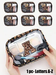 1 Piece Transparent PVC Leopard Print Portable Storage Bag With Leopard Print Towel Embroidery Letters A-Z, Large Capacity Cosmetic Storage Makeup Box, Waterproof, With Zipper, Cosmetic Bag, Makeup Bag, Vacation Storage, Beauty Bag, For Lipstick, Brushes