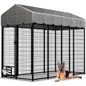 HITTITE Large Outdoor Dog Kennel, Heavy Duty Outdoor Dog Enclosure Dog Run Dog Cage with Rotate Feeding Door, Anti-Rust Dog House Outside with Waterproof & UV-Resistant Cover for Backyard, 8'L x4' W x 6'H (with Roof）