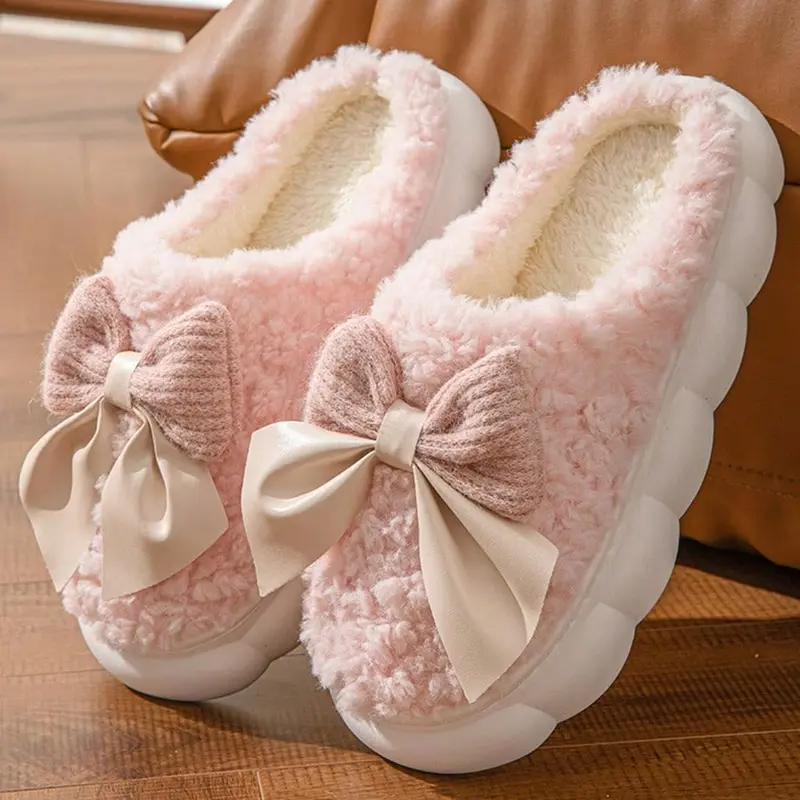 Women's Comfortable Winter Slippers With Bow - Plush Lining, Non-Slip Thick Sole Indoor Shoes, Warm & Cozy Ladies Slippers