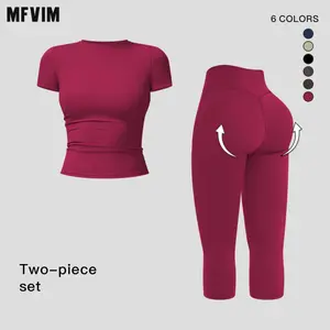 MFVIM Women’s Breathable Body-Shaping Yoga Outfit, High-Waisted Quick-Dry Fitness Wear, Versatile Three-Quarter Shorts Sports Set