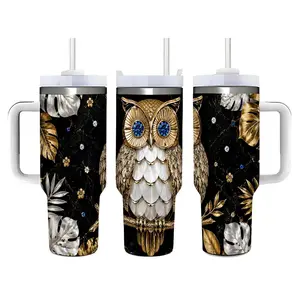 40oz Elegant Golden Owl and Leaf Pattern Stainless Steel Tumbler， Tumbler with Handle and Straw Double Wall Vacuum Insulated Travel Mug， Coffee Cups With Lids， Perfect Gifts For Birthday Holidays.
