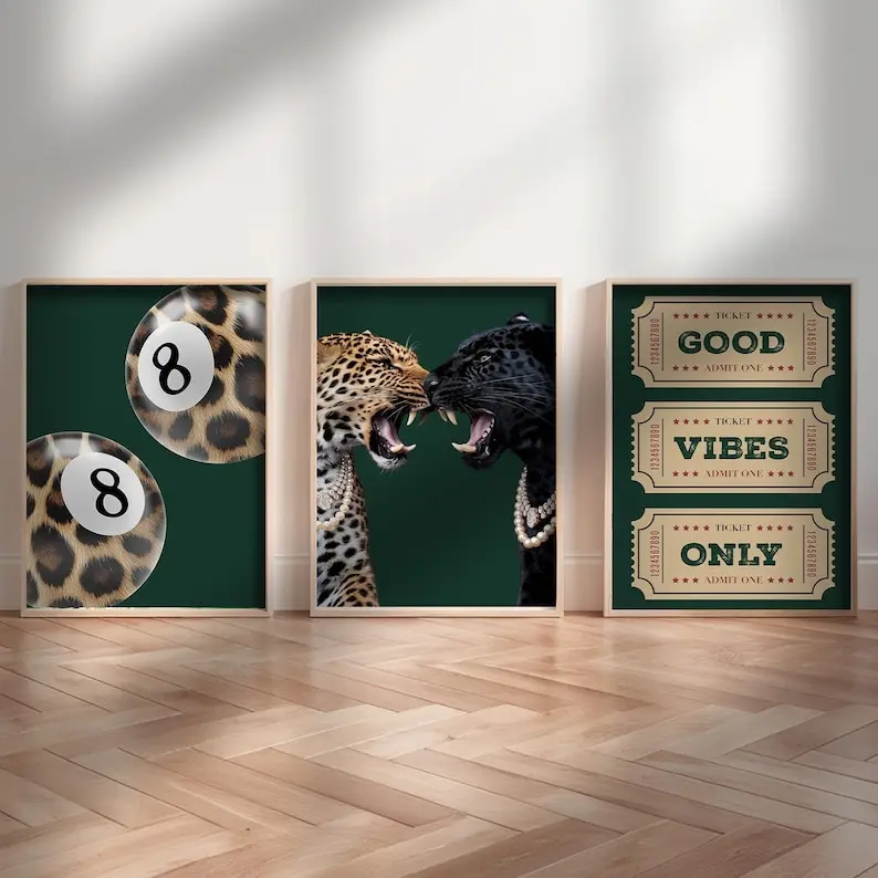 Dark Green Leopard Prints Set of 3 Wall Art Print Pool Ball and Bow Trendy Good Vibes Only Gallery Home Decor Ticket Cheetah Print Posters