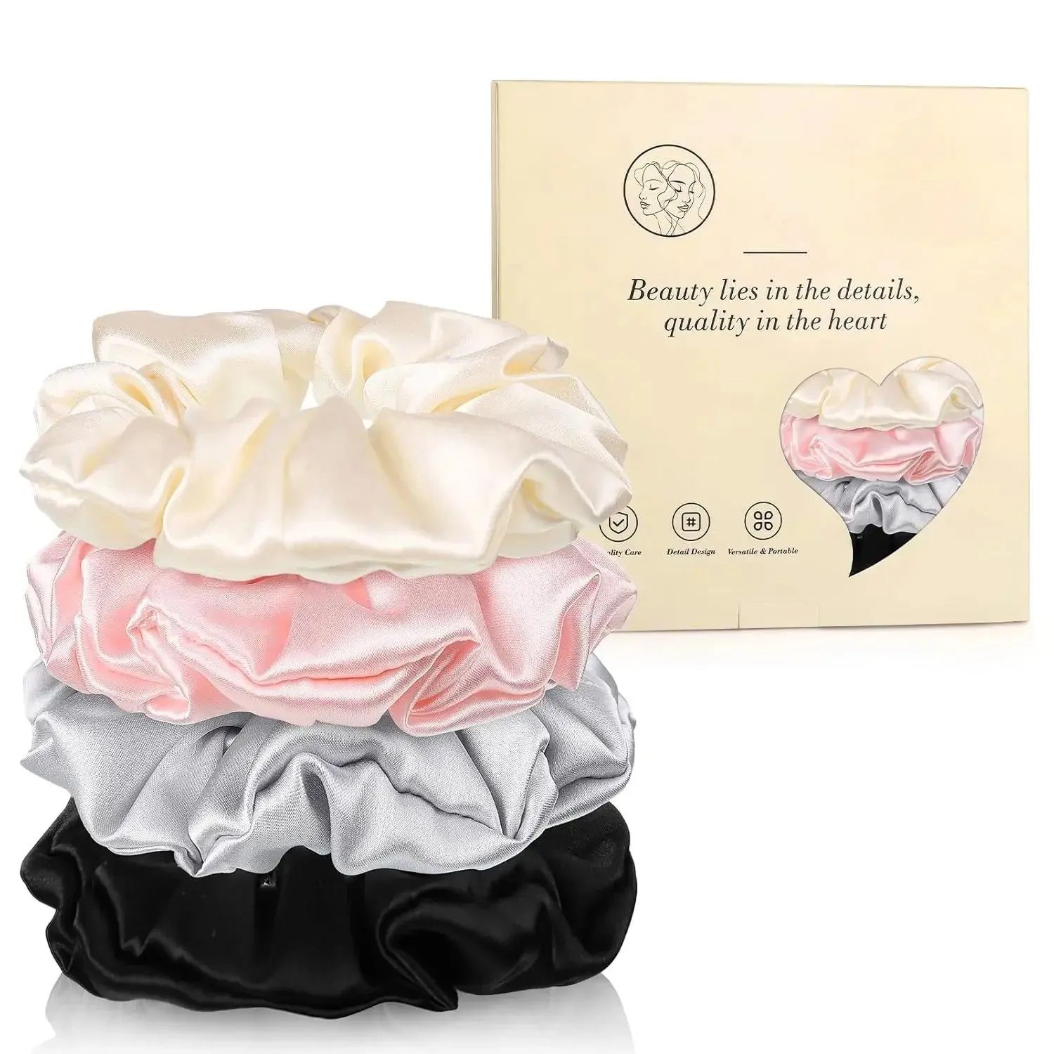 4 Pack Silk Scrunchies for Women, Large 19 Momme 100% Mulberry Silk Hair Ties in Neutral Coffee Colors, No Damage Ponytail Holder, Elastic Band Scrunchies, Ponytail Accessories