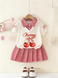 Girls 2-Piece Set with Short Sleeve Top and Gingham Skirt, Top with Cherry Print and Checkered Design, Sweet and Casual Summer, Casual Outfit Set