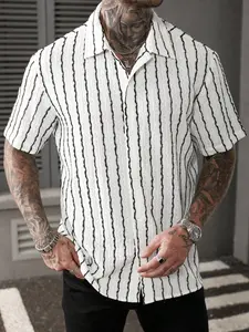 Men's High-End Geometric Pattern Knitted Jacquard Loose Short Sleeve Shirt, Striped Classic Casual Fashion Wear Essential for Daily Commute & Travel