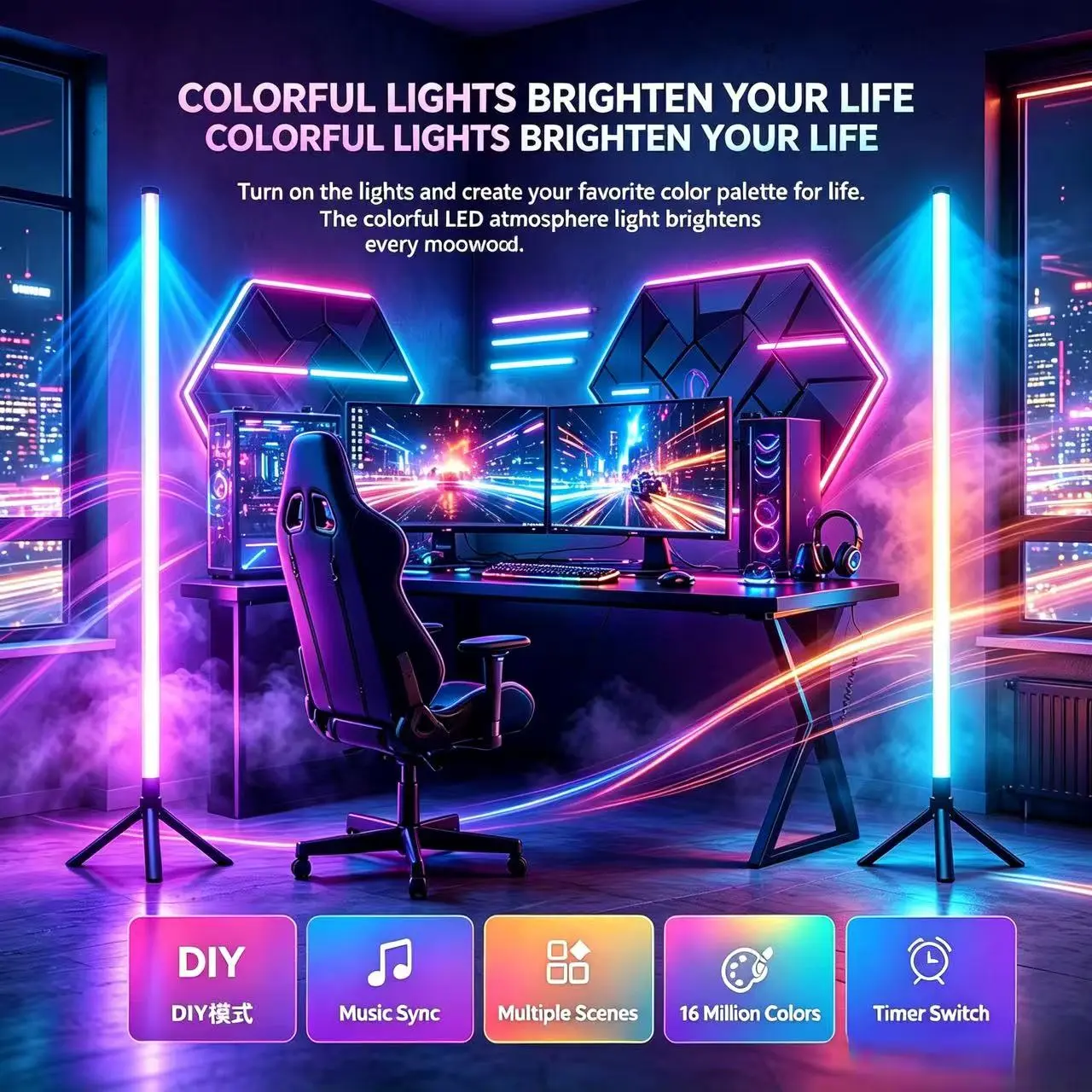 RGBIC LED Corner Floor Lamp, 48-Inch Color Changing Ambient Light with Bluetooth App & Remote for Living Room, Bedroom, Movie Night, Gaming Room, 1 Pack/2 Pack