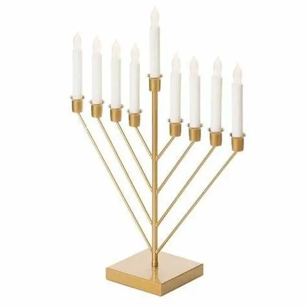 Gold 9-Branch Electric Chabad Judaica Chanukah Menorah - Iron Candle Holder with LED Light Design, AA Batteries-Powered, Home Decor for Indoor/Outdoor Use