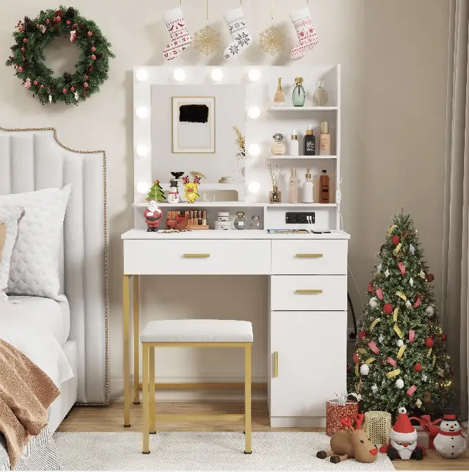 Lifewit 35.4" Vanity Desk with Power Outlet, White and Black Makeup Dressing Table with Mirror and Lights - Ample Storage Space Mothers Day Gifts