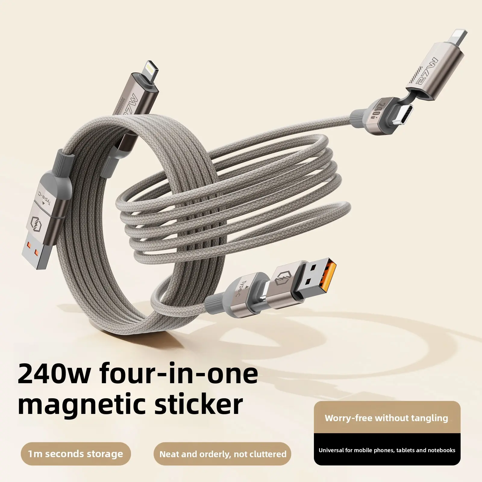Alloy 4-in-1 USB-C Fast Charger Set - 240W Magnetic Storage Charging Adapter with 3.3FT Data Sync Cable for Phones, Tablets, Yes
