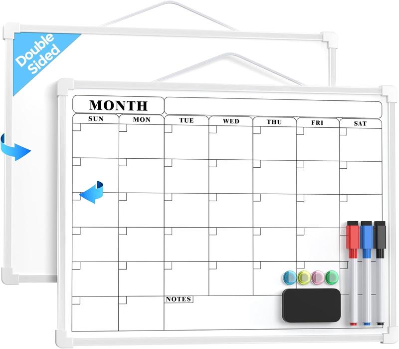 MaxGear 16"x12" Double-Sided Monthly Calendar Dry Erase Board for Wall Hanging Whiteboard with 3 Markers & 4 Magnets Portable for Students Planning Drawing Memo To-Do List