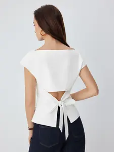 Cider Linen-blend Boat Neck Ruched Cut Out Tie Back Top