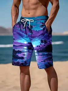 Men's Hawaiian Digital Beach Sunset Print Shorts Vibrant Tropical Design with Palm Trees and Ocean Waves Regular-fit Drawstring Swim Trunks for Summer Fitness Outdoor Activities and Casual Wear Beach Shorts Summer Swimwear Vivid Printed Menswear