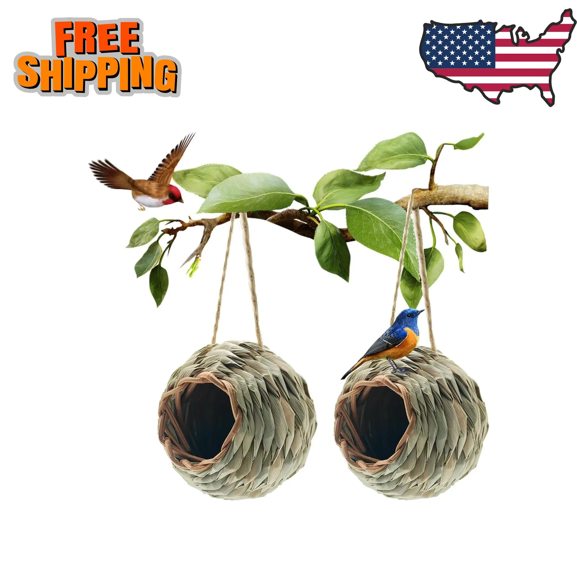 Hummingbird Houses for Outdoor Hanging, Natural Grass Bird Hut 2 Pack