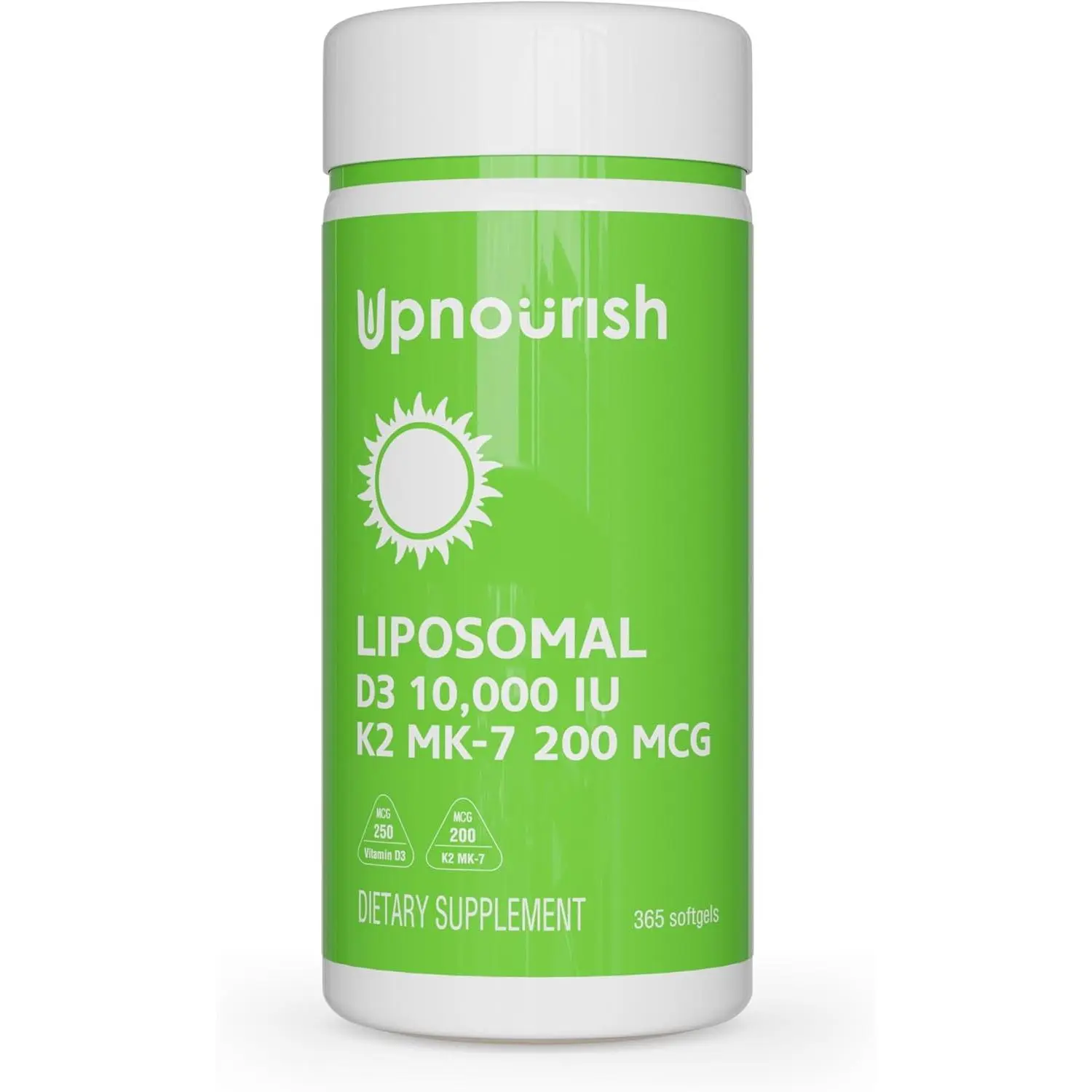 UpNourish Liposomal D3 K2 Vitamin 10000 IU D3 and K2 MK-7 200 mcg - 365 Vitamin D3 k2 (Vitamina D3 con K2) Mini Softgels - Easy to Swallow K2 D3 Vitamin Supplement