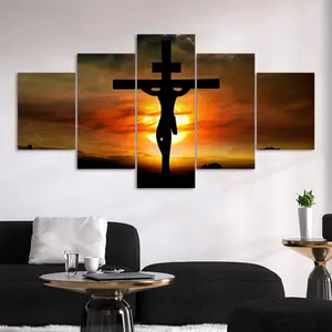 Christ Jesus Cross Sunset Pattern Canvas Unframed Painting, 5 Counts Religious Art Cross Decoration, Modern Home Decor, Wall Art Decor for Home Living Room Bedroom Office, Ornaments