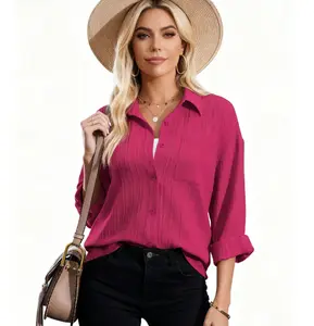 Womens Button Down Shirt Casual Long Sleeves Loose fit Classic Collared Blouses Fasion Textured Top with Pockets