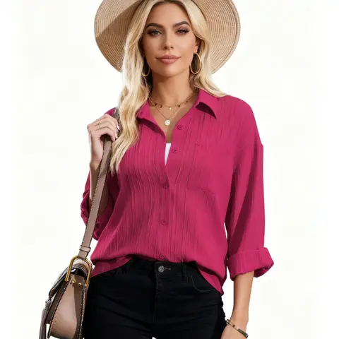 Women's Basic Collared Neck Long Sleeve Button-Front Blouse Top - Loose Fit, Textured Woven Fabric, Patch Pockets, Polished Casual Vibe, Plain Style, Stylable Open, Business Casual, Everyday, Going Out Wardrobe Staple