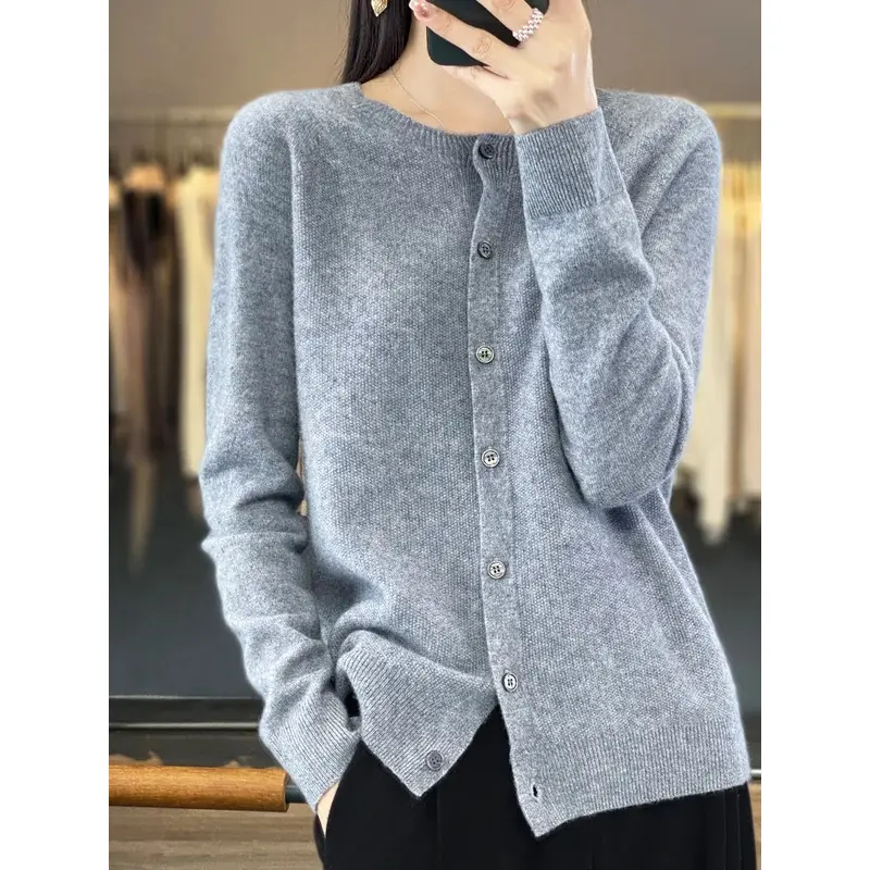 Long Sleeve 100% Merino Wool Sweaters Spring Autumn Women O-Neck Knitwear Tops Clothing Fashion Basic Tops