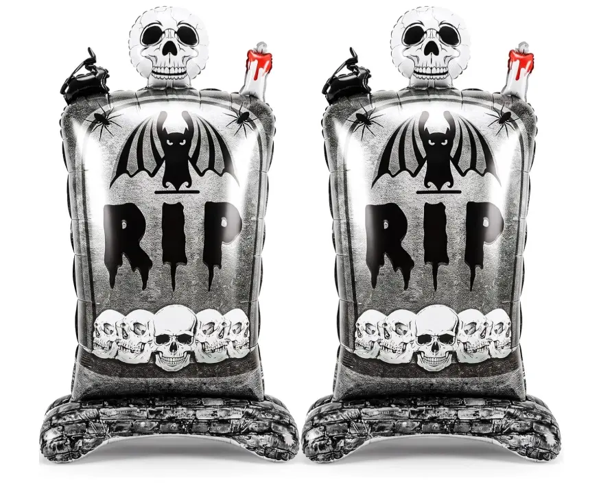 2 Pcs 55" Halloween Skull Tombstone Balloons, Self-Standing Decor Halloween Trunk or Treat Car Decorations, Horror Inflatable Skeleton Graveyard Balloon, Suv Yard Haunted House Party Decor