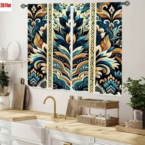 2D Flat 2Pcs Decorative Curtains with Vintage Floral Damask Pattern, Home Decor, High Definition Printing, Elegant Baroque Style, Light Filtering for Living Room Bedroom Kitchen Cabinet Decoration
