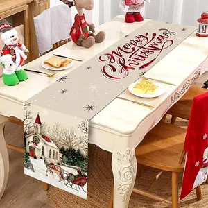 Christmas Table Flag, Vintage Style Christmas Theme Table Runner, Snow Sledding Design Polyester, Party Decor for Indoor Outdoor
