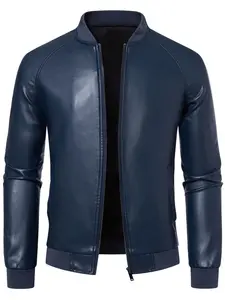 Men's Regular Fit Solid Pocket Faux Leather Jacket, Casual Comfy Long Sleeve Outerwear for Daily Wear, Men's Clothing for All Seasons, Coats, Casual Fitted Jackets