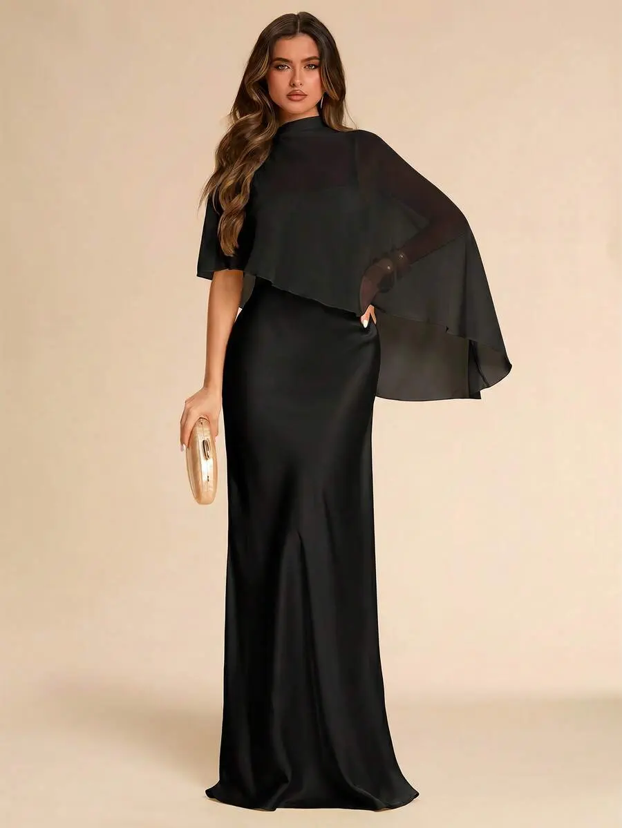 Winter Black Satin Chiffon Shawl 2 Pieces Dress, Luxury Elegant Evening Gown Formal