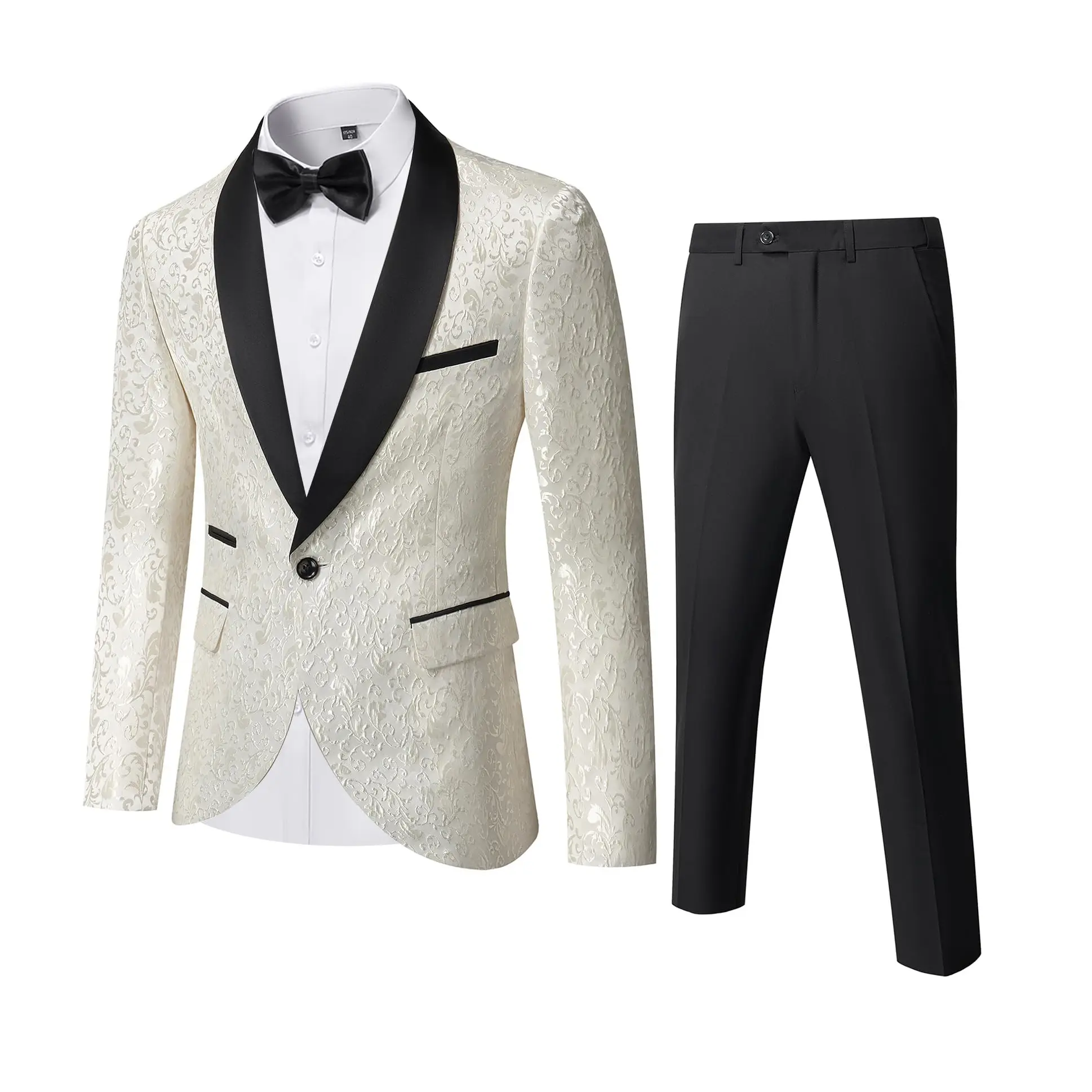 Men's 3-Piece Stylish Shiny Jacquard Fabric Tuxedo Suit, Regular Fit Stretch Formal Wear with Peak Lapel for Weddings, Proms - Includes Matching Bow Tie (Menswear, Elegant Attire)