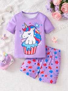 Toddler Girls' Cute Cartoon Pattern T-Shirt & Shorts Set, Summer Outdoor Casual Fitted Elastic Waist