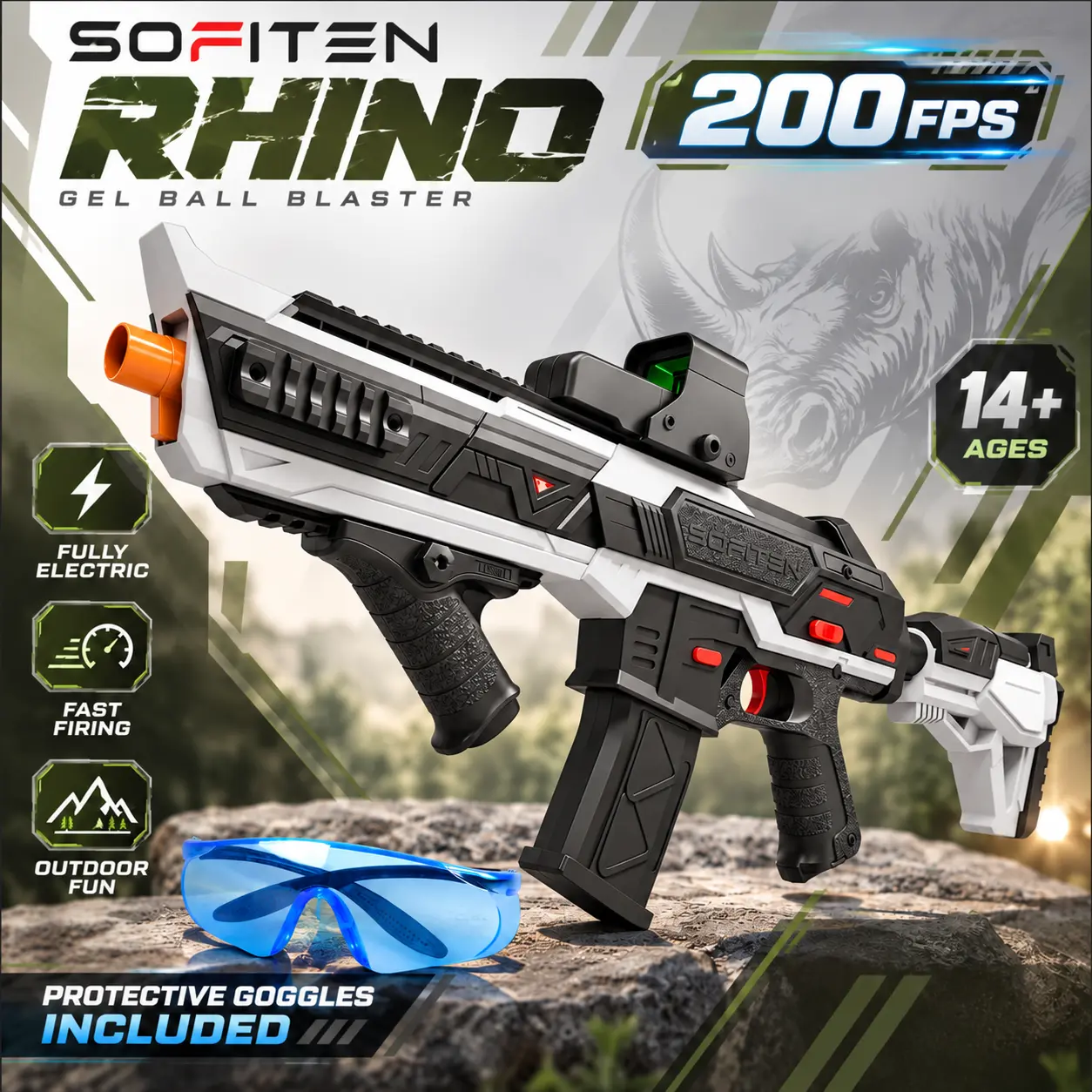 SOFITEN Rhino Gel Ball Blaster Set - Electric Auto-Feeding, 2 Modes, Up to 200 FPS & 170 Ft Range, Unisex Sports Learning Toy for 14+ with Goggles, Rechargeable Battery (Batteries Supported, Gel Balls Not Included, Outdoor Equipment)