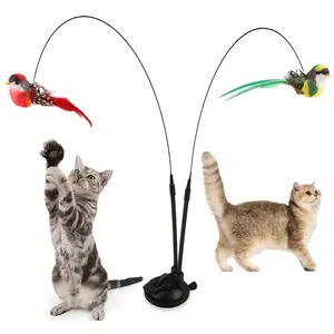 Cat Teaser Wand Set Realistic Bird Hands-Free Bird Cat Wand Long Rod Double Rod with Bell Strong Suction Cup Cat Interactive Toy Kitten Hunting Exercise Pet Supplies Accessories Artificial Feather Handmade Bird Random Color