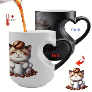 1pc Cute Cartoon Coffee Cat Color Changing Funny Beverage Mug with Heart-Shaped Handle & Kitten Design - Ceramic Tea/ Cup, Hand Wash Only, Reusable Gift for &, Birthdays,Cat Themed Gifts (11oz)