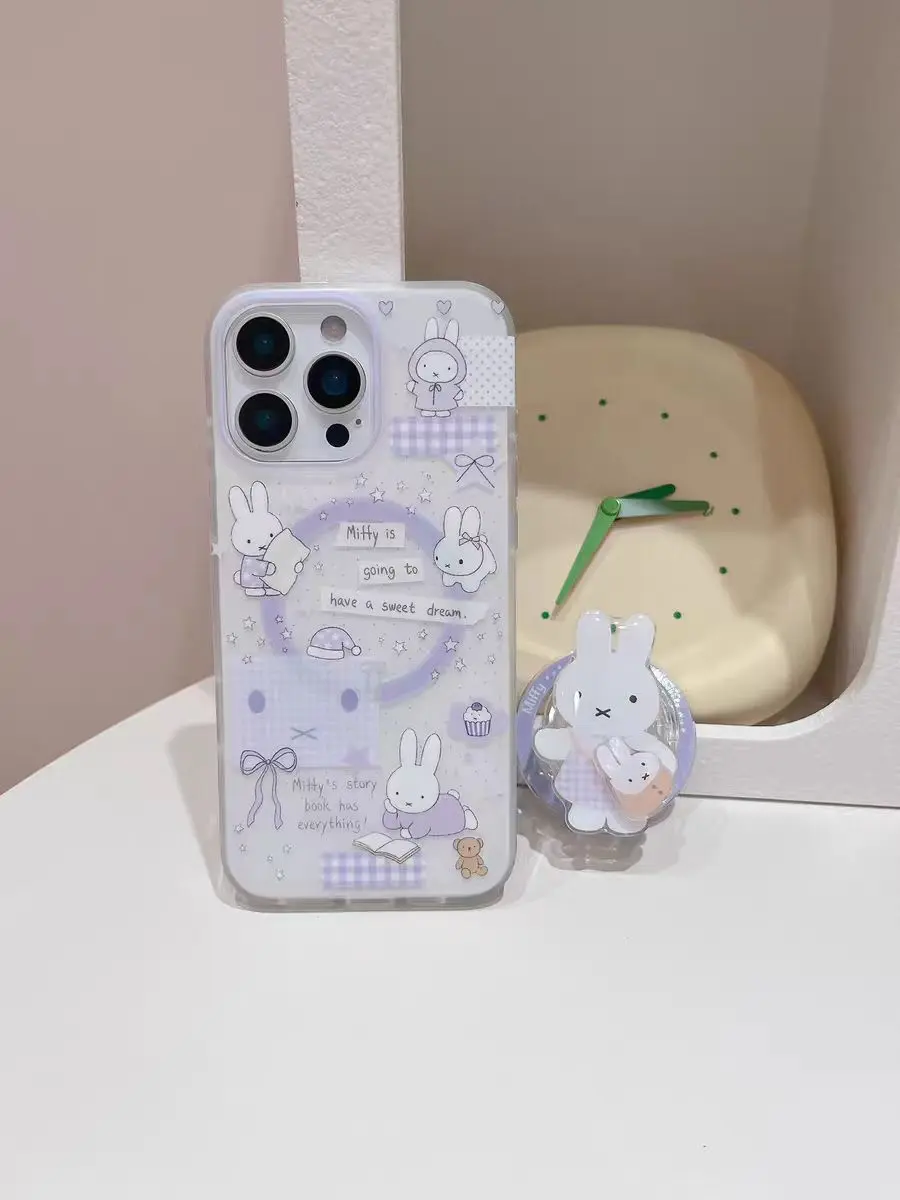 The Korean-style Ins Cute Miffy Rabbit Magnetic Holder Phone Case is suitable for Samsung S25 Ultra and S24 models, featuring a personalized and creative design for women. pink color