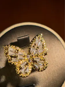 *DANCING BUTTERFLY*    Item#00000031 European 14K Gold Plated Multiple Baguette-Cut Large White Cubic Zirconia Adjustable Fashion Ring (Surface Piece Length 18mm,  width 20mm, Ring Size 6 and Up)