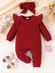 Baby Girls' Wine Striped Knit Romper Set with Hairband, Baby Clothes Girl, Soft Warm Fitted Design, Casual Fall for 0-3 Months