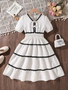 Girls V Neck Bow Embellished Bubble Short Sleeve Dress, Casual Fitted Plain Design, Fashionable for Daily Wear