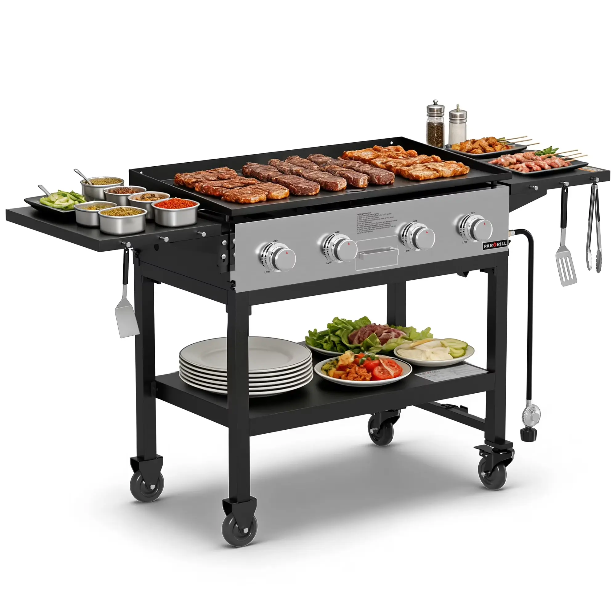 This 36-inch gas grill features four independent burners, a flat propane-fueled surface, a power output of 60,000 BTU, and wheels, making it ideal for outdoor barbecues.