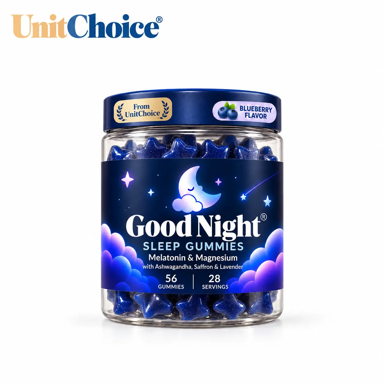 UnitChoice Good Night Sleep Gummies Blueberry Flavor with Melatonin Magnesium Ashwagandha Saffron Lavender 56 Gummies 28 Servings