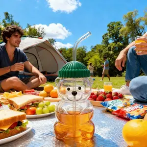 New Glass Bear Cup with Straws and Lids, 20oz Bear Mug High Borosilicate Material for All Beverages Couples and Family/Friends Holiday Birthday Gifts