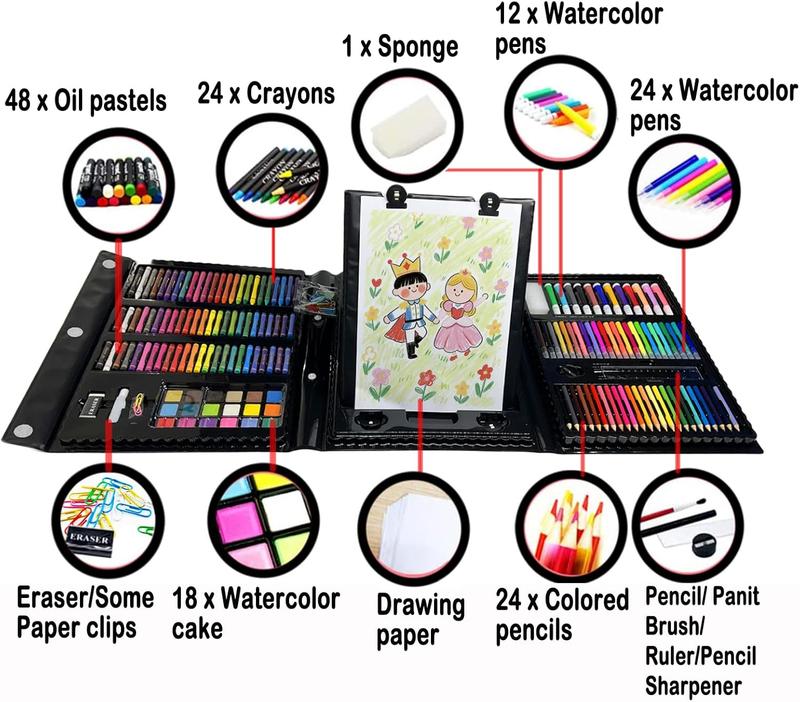 208 PCS Art Supplies,Drawing Set Art Kits for Valentines Day Gifts Kids Girls Boys Teens Artist, Art Set with Trifold Easel, Includes Crayons, Colored Pencils, Coloring Book, Scissors, Origami Paper