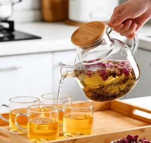 Bamboo Lid Glass Teapot (20oz) Tea Set, Heat-Resistant Borosilicate Glass Teapot With Infuser, Suitable For Brewing Loose Leaf Tea