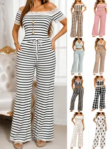 2pcs Wide Leg Comfy Lace Strechy Casual Summerwins Fashion Womenswear Suits Summerwins V-neck Off shoulder Striped Summer Stretchy Women Outfit Casual Set