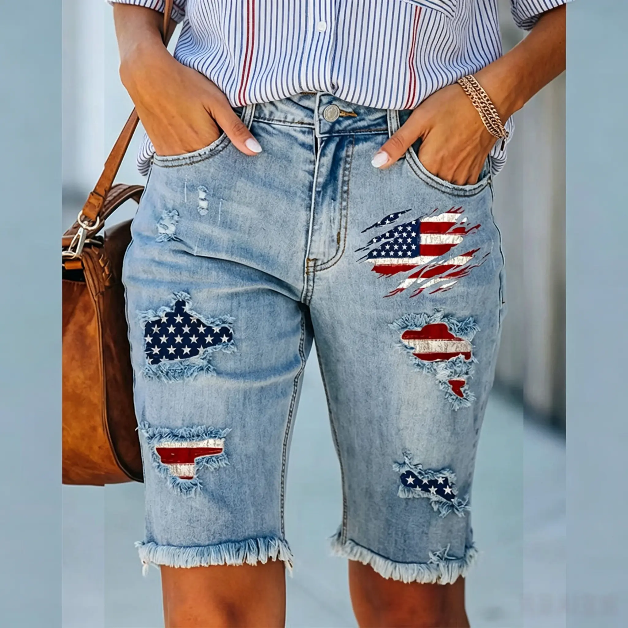 2026 Fashion New Summer Straight Leg Pants, Mid-Waist, Flag Print, Appliqué, Ripped, Tassel Hem, Five-Point Pants, Women's Jeans