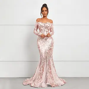 Luxury Off-Shoulder Sequin-Print Long Formal Gown for Special Occasions Hand Wash Only Elegance in Every Detail