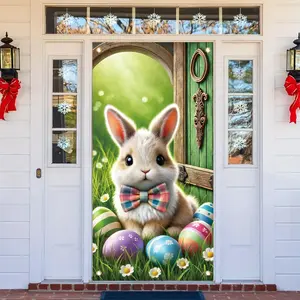 2D Flat Door Banner 1pc, Easter Eggs Bunny Door Cover, Welcome Spring Backdrop, Photography Banner Sign, Polyester Fabric, Washable, Party Decorations