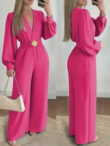 A set of casual women's waist cinched jumpsuit V-neck bubble sleeve wide leg pants, suitable for autumn and winter, suitable for home, indoor, and outdoor wear